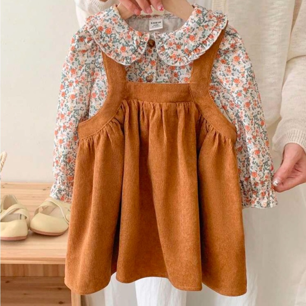 Floral Dress with Brown Corduroy Pinafore